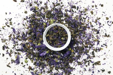 Concept of tasty hot drink, Anchan tea, top view