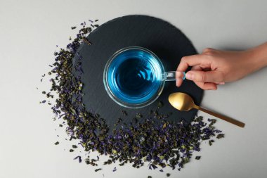 Concept of tasty hot drink, Anchan tea, top view