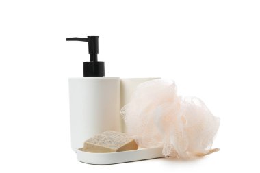 Concept of bath accessories, different bath supplies, isolated on white background
