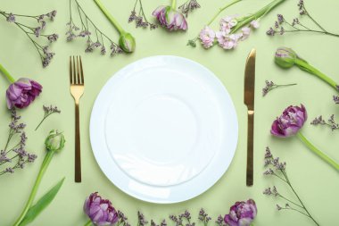 Concept of spring season table setting, space for text
