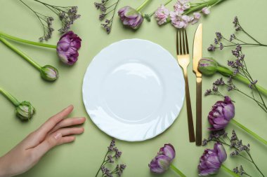 Concept of spring season table setting, space for text