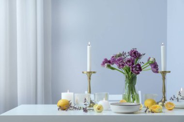 Concept of spring season table setting, space for text