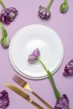 Concept of spring season table setting, top view