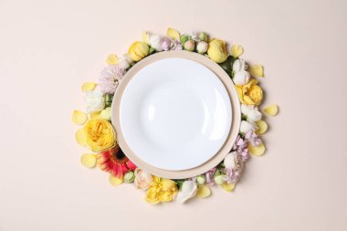 Concept of spring season table setting, top view