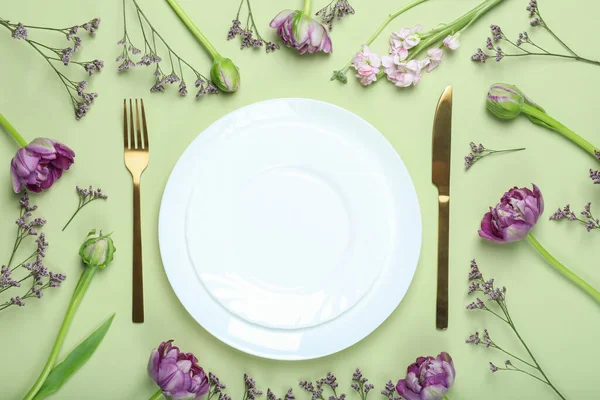 Concept of spring season table setting, space for text