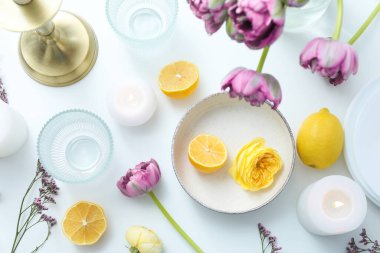 Concept of spring season table setting, top view