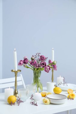 Concept of spring season table setting, space for text