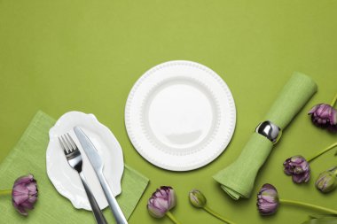 Concept of spring season table setting, space for text