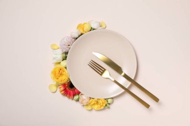 Concept of spring season table setting, top view