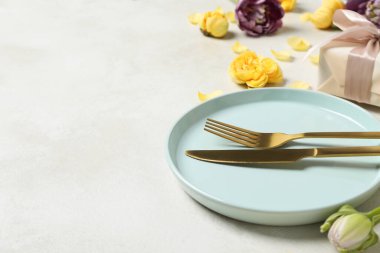 Concept of spring season table setting, space for text