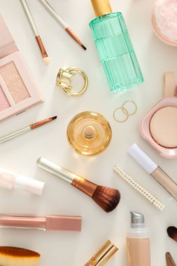 Concept of cosmetic and different female accessories, top view