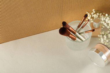 Concept of cosmetic and different female accessories, space for text