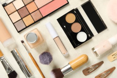 Concept of cosmetic and different female accessories, top view