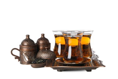 Concept of traditional turkish brewed hot drink - tea, isolated on white background