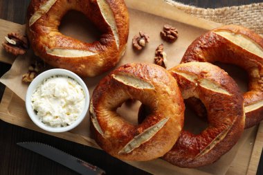 Concept of tasty food - bagel, top view