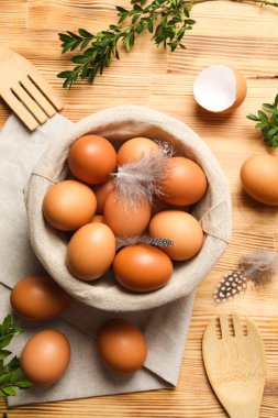 Concept of fresh and natural farm product - eggs, top view