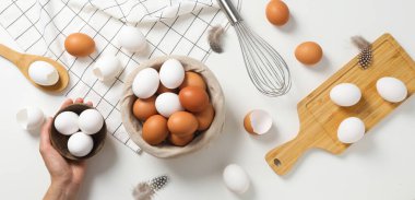 Concept of fresh and natural farm product - eggs, top view