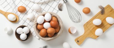 Concept of fresh and natural farm product - eggs, top view