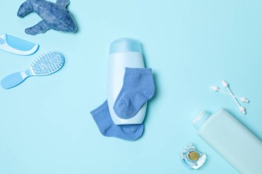 Concept of child bodycare, child cosmetic, top view