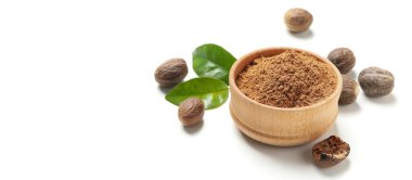 Concept of spices and condiments, nutmegs, space for text