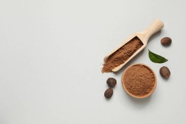 Concept of spices and condiments, nutmegs, space for text