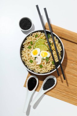 Concept of instant food, instant noodles, top view