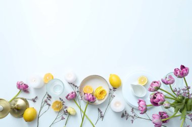 Concept of spring season table setting, space for text