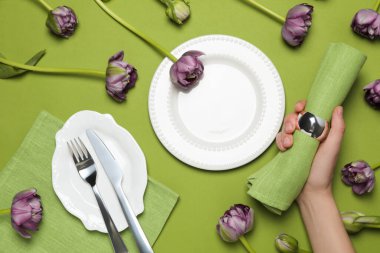 Concept of spring season table setting, space for text