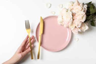 Concept of spring season table setting, space for text