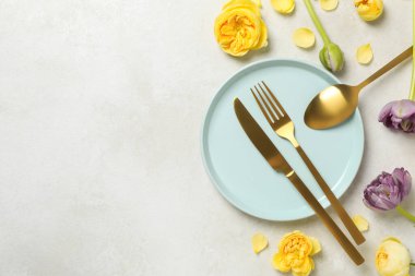 Concept of spring season table setting, space for text