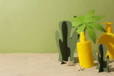 Concept of summer skin care accessories, space for text