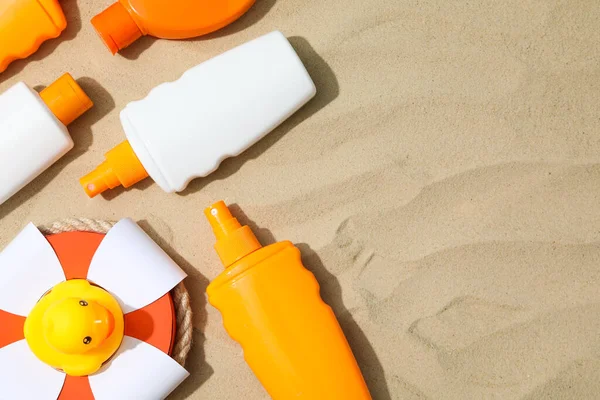 Concept of summer skin care accessories, top view