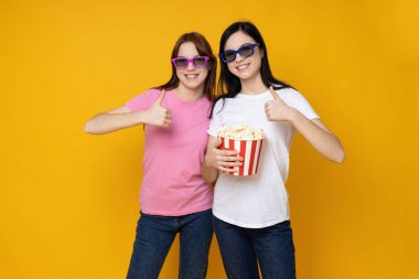 Two beautiful young women, sisters - twins on yellow background