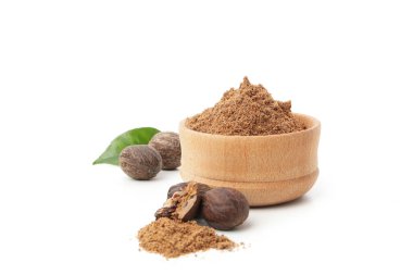 Concept of spices and condiments, nutmegs, isolated on white background