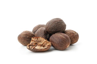Concept of spices and condiments, nutmegs, isolated on white background