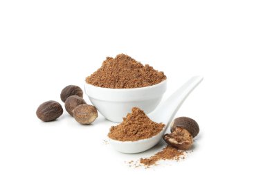 Concept of spices and condiments, nutmegs, isolated on white background