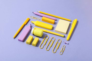 Concept of different stationery accessories, stationery accessories for office work