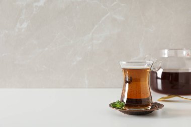 Concept of traditional turkish brewed hot drink, turkish tea, space for text