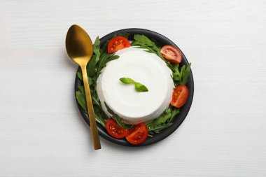 Concept of tasty dairy product - ricotta cheese, top view
