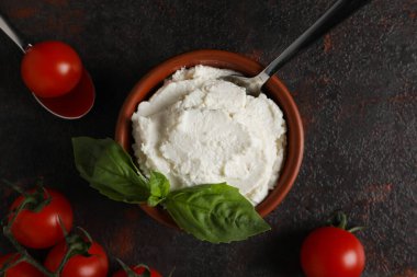 Concept of tasty dairy product - ricotta cheese, top view