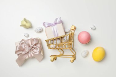 Concept of Easter shopping, holidays shopping concept, top view