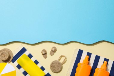 Concept of summer skin care accessories, space for text