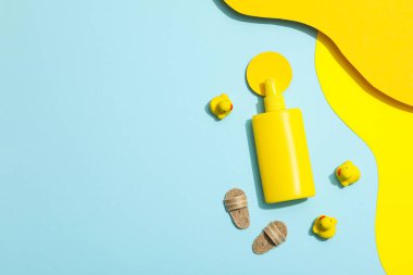 Concept of summer skin care accessories, space for text