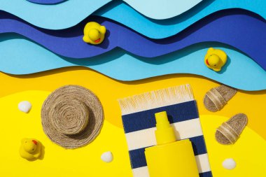 Concept of summer skin care accessories, top view