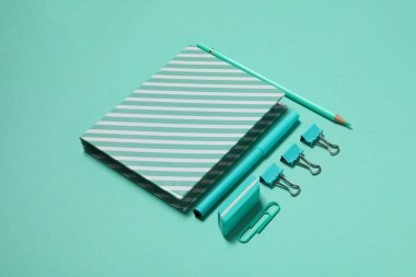 Concept of different stationery accessories, stationery accessories for office work