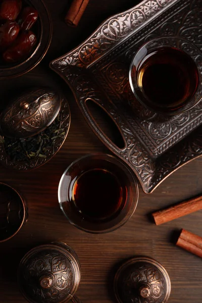Concept Traditional Turkish Brewed Hot Drink Turkish Tea Top View — Foto de Stock