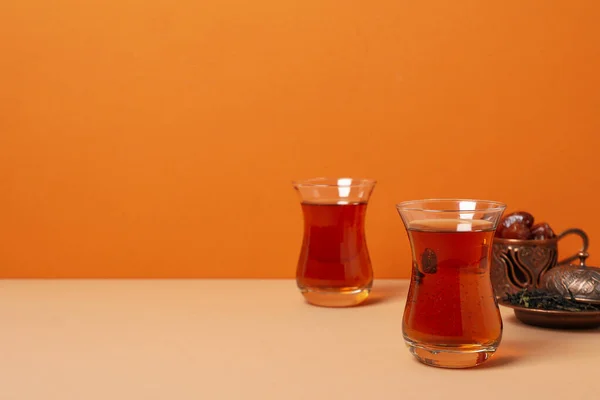 Concept Traditional Turkish Brewed Hot Drink Turkish Tea Space Text — ストック写真