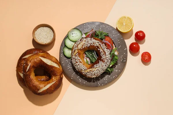 Concept Delicious Food Tasty Bagel Sandwich Top View — Stok fotoğraf