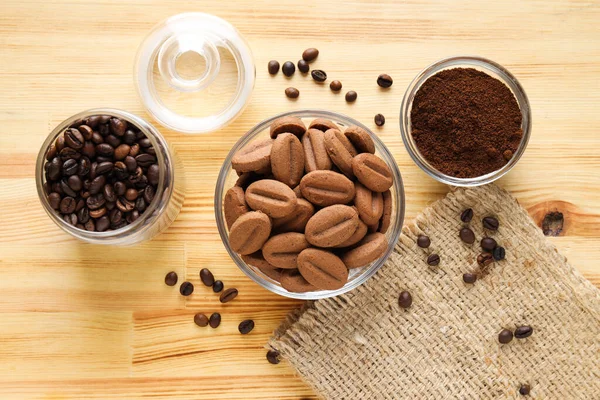 Concept Tasty Snack Hot Drink Cookies Shape Coffee Seeds — Fotografia de Stock