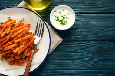 Concept of tasty food, fried sweet potato, space for text
